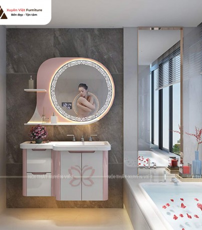 Tủ lavabo lửng tone hồng trắng XVV866 pastel cao cấp