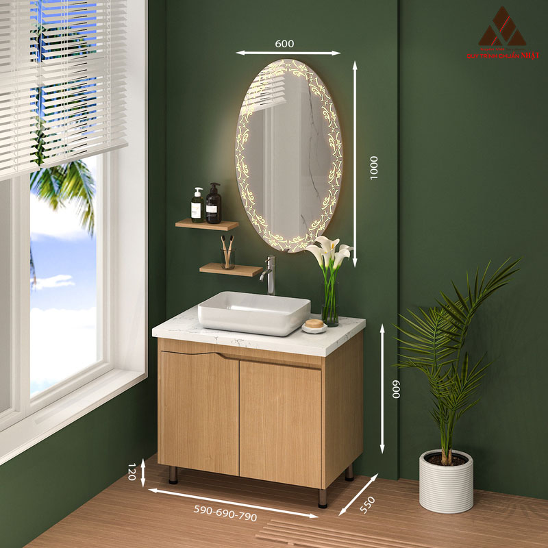 Hình ảnh mẫu tủ lavabo có chân C0269-14 vân gỗ nâu sáng sang trọng 