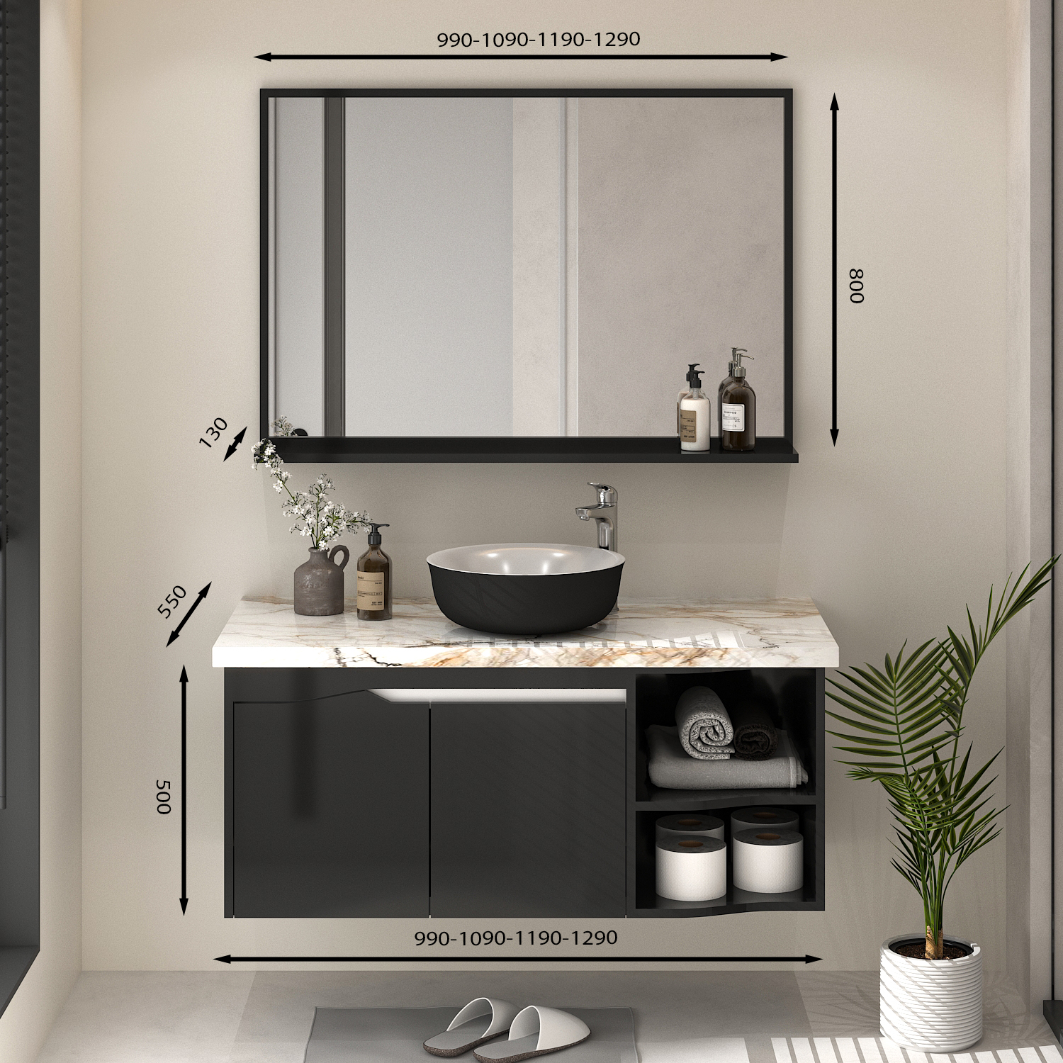 Hình ảnh mẫu tủ lavabo treo tường T02109-2 tone đen sang trọng