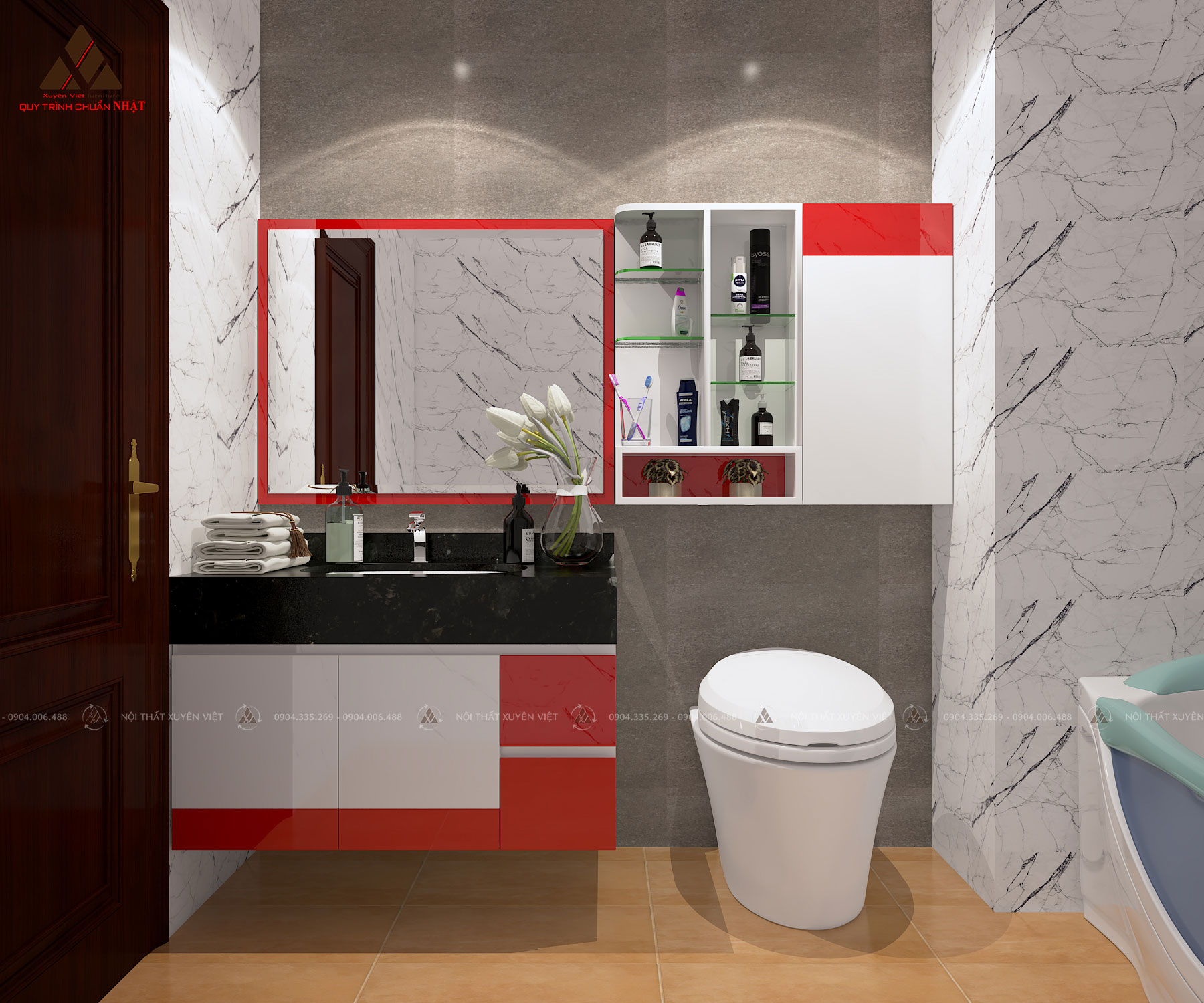 Hình ảnh bộ tủ lavabo tông đỏ LBK2008 nổi bật trong không gian phòng tắm