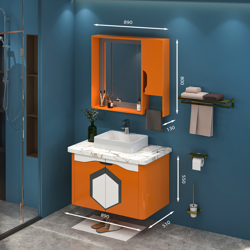 Tủ Lavabo treo tường T0989 - 3 tone màu cam line ghi rực rỡ