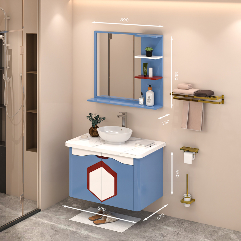 Tủ Lavabo treo tường T0989 - 4 tone màu xanh lơ nhạt line trắng đỏ