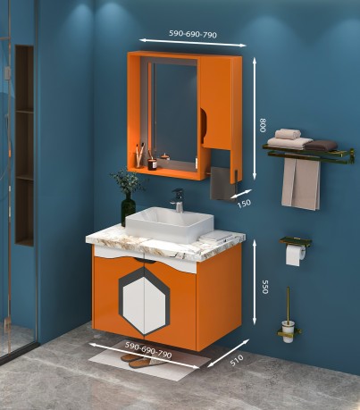 Tủ Lavabo treo tường T0979 - 3 tone màu cam line ghi 