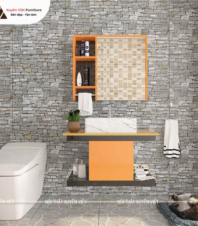 Tủ lavabo dáng chữ I tông màu cam nổi bật trong nhà tắm LBK1030