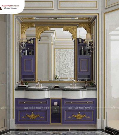 Tủ lavabo đôi phong cách tân cổ điển dát vàng XVL845