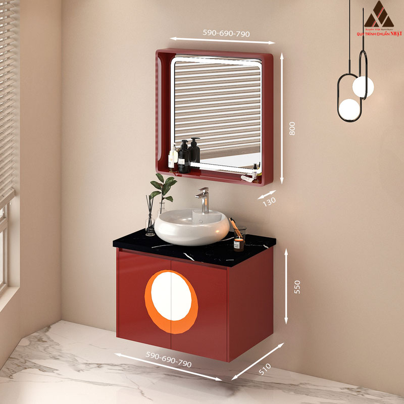 Hình ảnh mẫu tủ lavabo treo tường có mã T0469-7 tone màu đỏ đun quý phái 