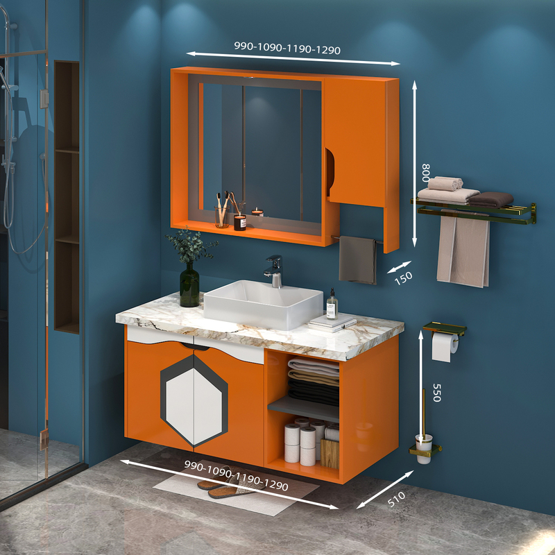 Hình ảnh mẫu tủ lavabo treo tường có mã T0999 - 3 tone màu cam line ghi
