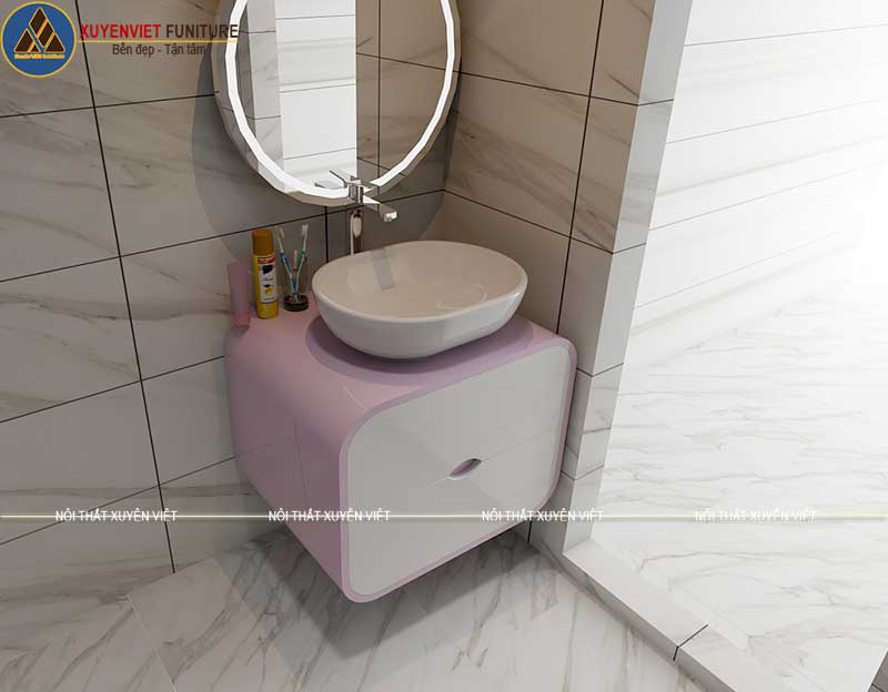 Hình ảnh 3D bộ tủ lavabo treo tường tông hồng ngọt ngào XVL752 mà Xuyên Việt thiết kế riêng cho chị Nguyệt