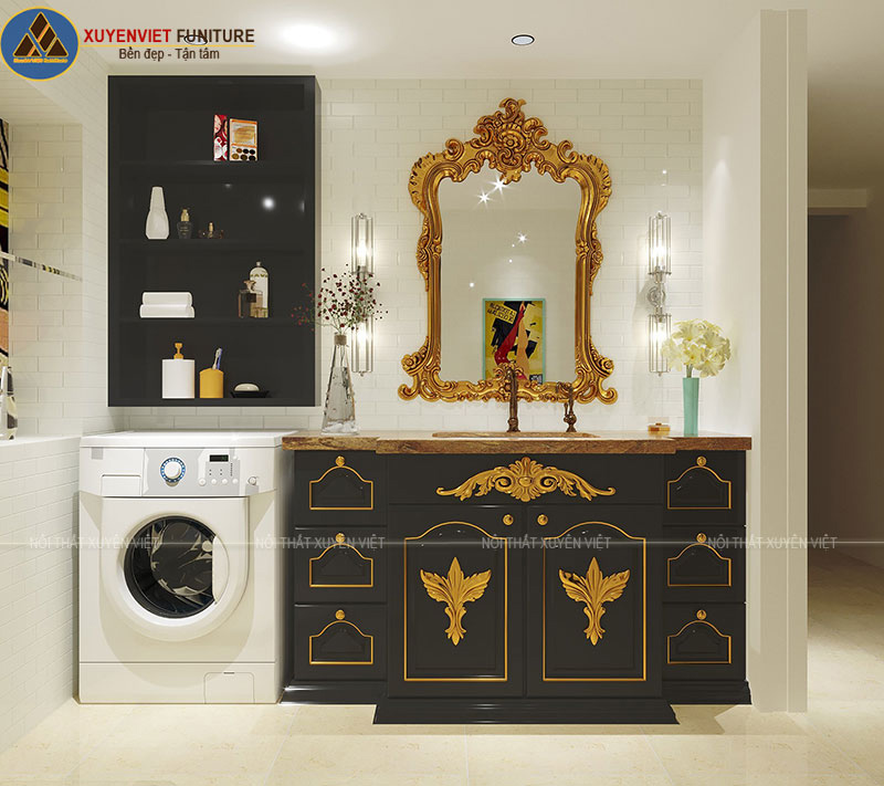 Màu đen quyền quý với lá vàng mộng mị vô cùng thẩm mỹ cho bộ tủ lavabo dát vàng này tạo sự khác biệt 
