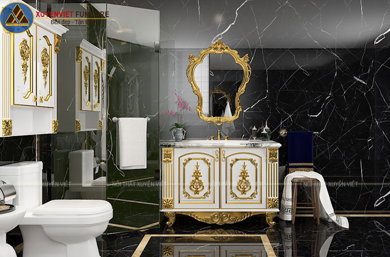 Tủ lavabo dát vàng kiểu tông trắng thon gọn sắc nét cho từng không gian phòng khác nhau 