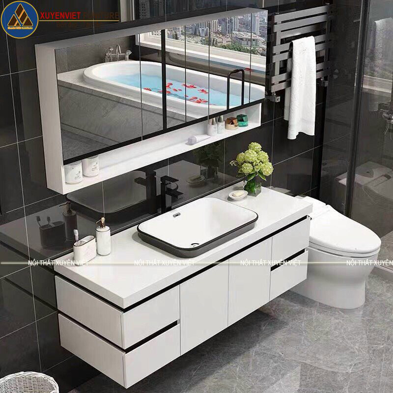 Xuyên Việt lên thiết kế cho bộ tủ lavabo đẹp tông trắng chủ đạo đơn giản và hiện đại 