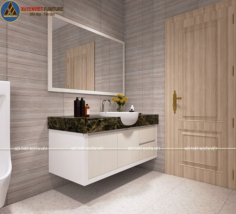 Bộ tủ chậu lavabo laminate tông trắng phù hợp với phòng tắm có diện tích rộng