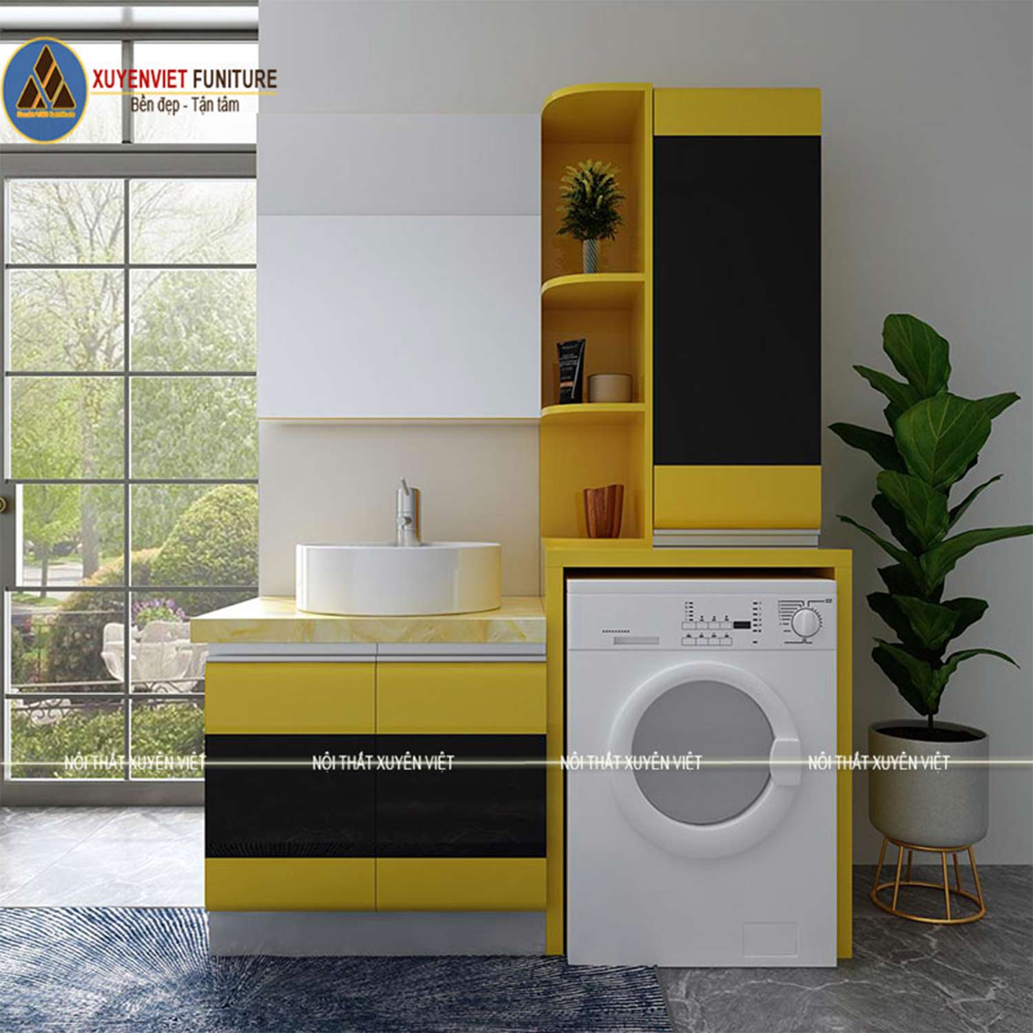 Hình ảnh bộ tủ chậu rửa mặt có khoang để máy giặt LBK3016 đầy nổi bật với tông vàng đen trong phòng tắm