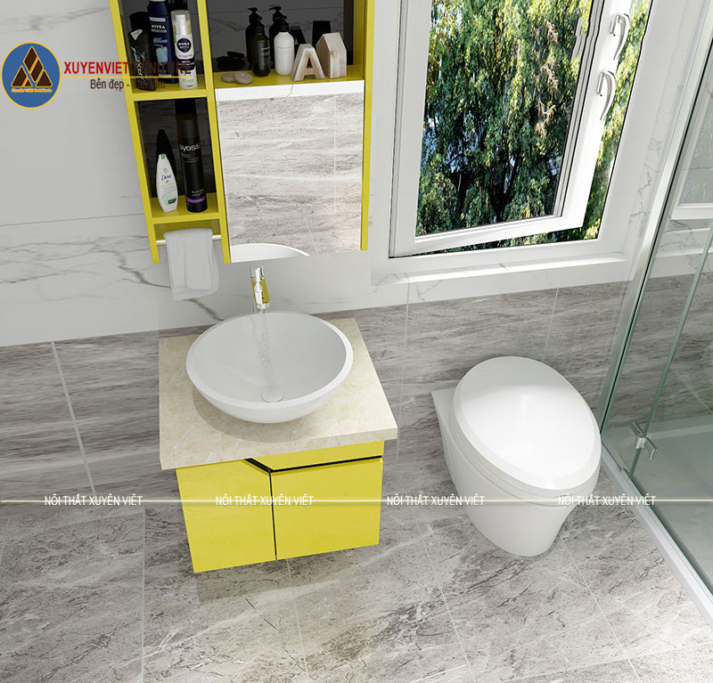 Bộ tủ chậu rửa mặt hiện đại LBK1025 với tông vàng nổi bật giúp phòng tắm tràn đầy sức sống