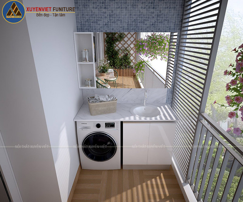 Bộ tủ lavabo cánh boom cùng tủ máy giặt là một trong những thiết kế mang tính sáng tạo do KTS Xuyên Việt tạo lên