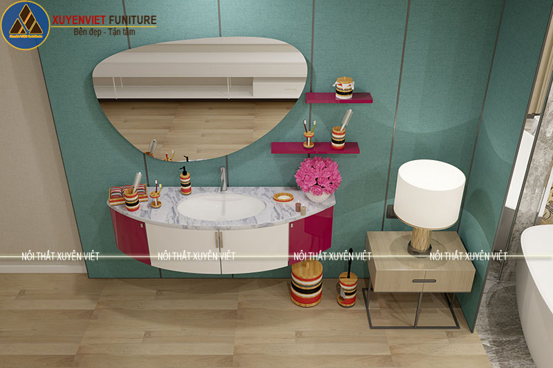 Hình ảnh bộ tủ lavabo cánh cong LBK2000 tông màu tím sen tỏa sáng trong phòng tắm