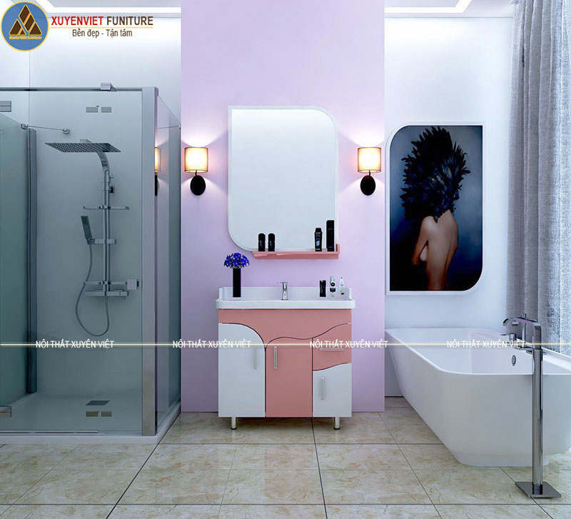 Hình ảnh bộ tủ lavabo chân đứng có chậu liền bàn LBK2001 với gam màu hồng ngọt ngào trong phòng tắm