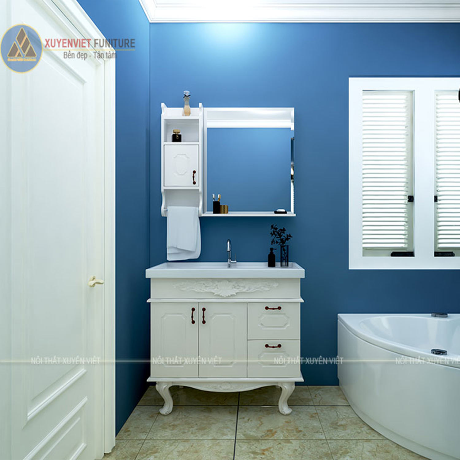 Hình ảnh bộ tủ lavabo cổ điển có chậu liền bàn LBK2002 đẳng cấp sang trọng trong không gian phòng tắm