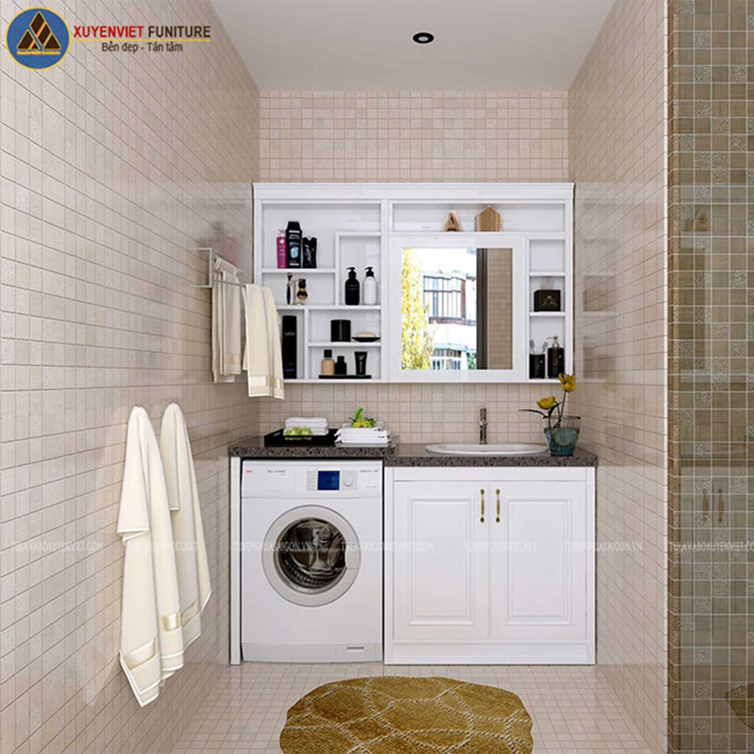 Tủ lavabo cổ điển kết hợp tủ máy giặt phù hợp với không gian phòng tắm có diện tích rộng