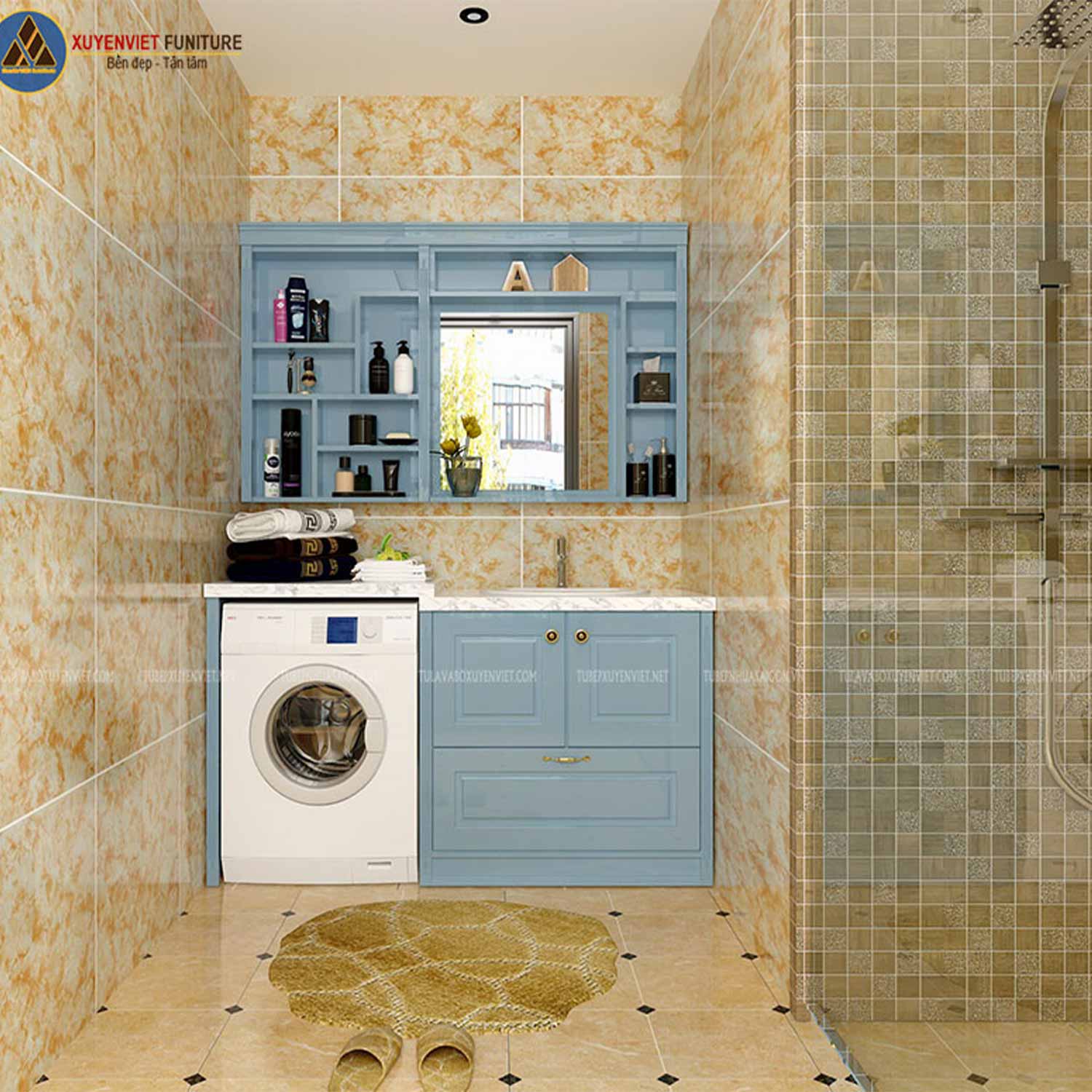 Bộ tủ lavabo cổ điển tông xanh nhẹ nhàng LBK1023 đẳng cấp trong phòng tắm được thể hiện qua hình ảnh 3D