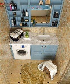 Tủ lavabo cổ điển tông xanh nhẹ nhàng LBK1023 kết hợp tủ chứa máy giặt tiện dụng