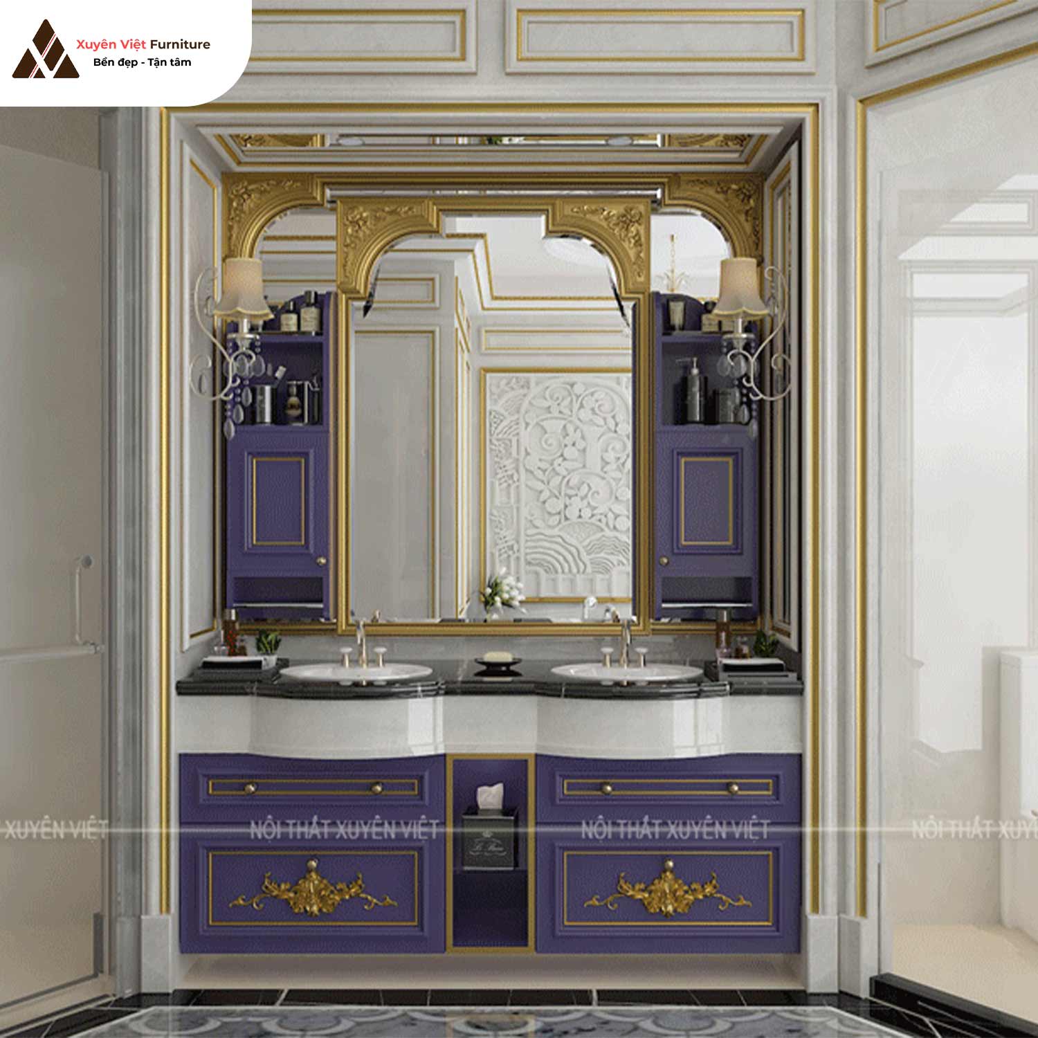 Tủ lavabo đôi thiết kế theo phong cách tân cổ điển dát vàng