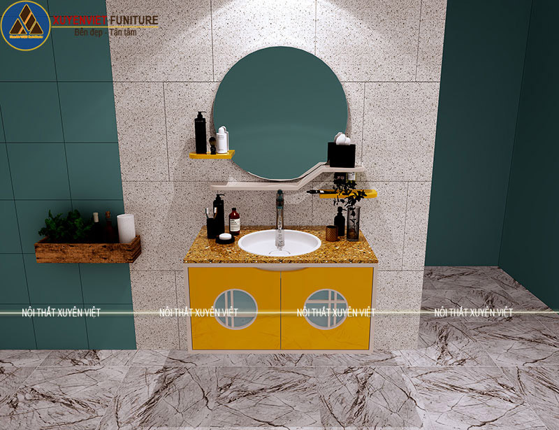 Hình ảnh 3D bộ tủ lavabo hiện đại tông vàng nồi bật LBK2033 đầy trẻ trung trong phòng tắm