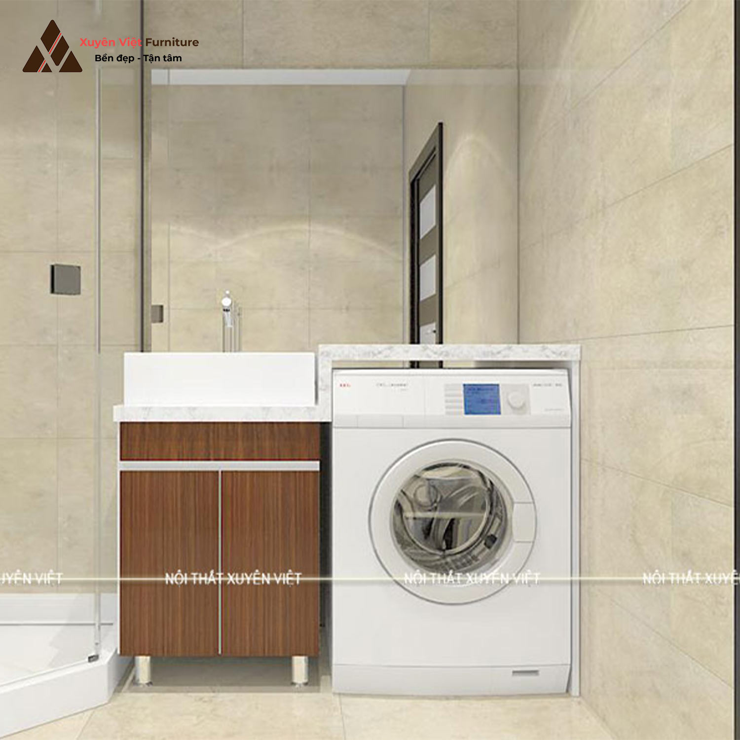 Hình ảnh bộ tủ lavabo laminate kết hợp khoang chứa máy giặt XVL739 tại Xuyên Việt thiết kế cho phòng tắm nhà anh Phúc