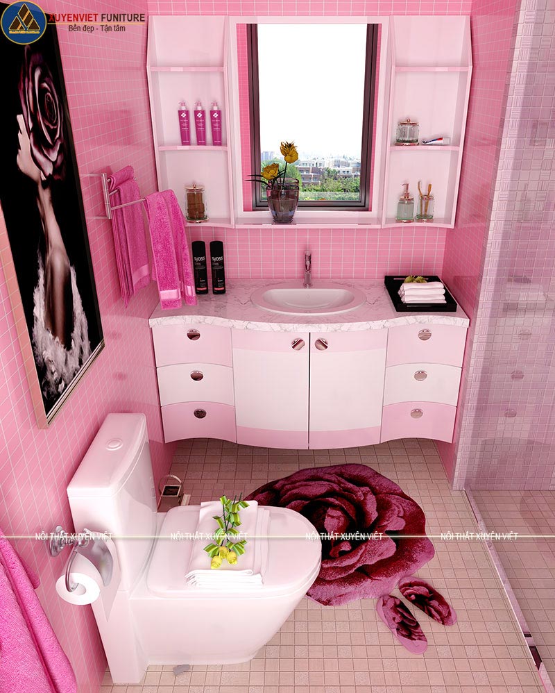 Tông màu hồng đầy ngọt ngào khiến bộ tủ lavabo nhựa XVL677 được sự yêu thích của khá nhiều chị em nội trợ