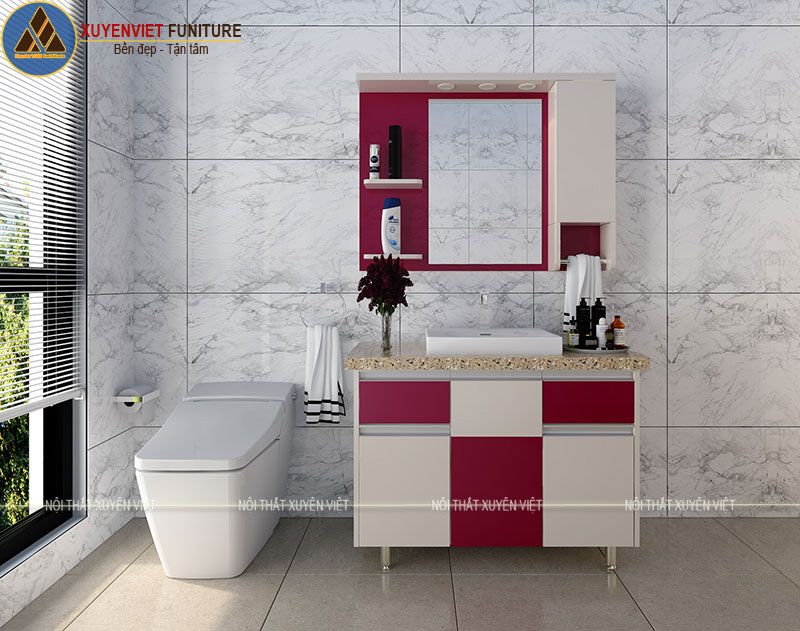 Phương án thiết kế bộ tủ lavabo nhựa nhà tắm LBK106 theo tông màu đỏ