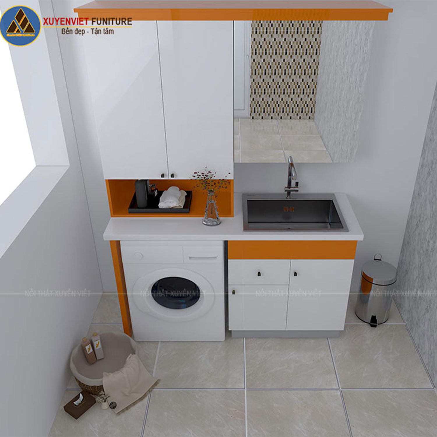 Tủ lavabo sơn men bóng kết hợp tủ máy giặt LBK2031 phù hợp với không gian phòng tắm có diện tích rộng