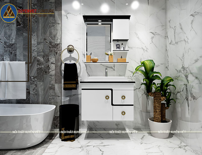 Hình ảnh bộ tủ lavabo đẹp gam màu trắng đen LBK2026 tỏa sáng trong không gian phòng tắm