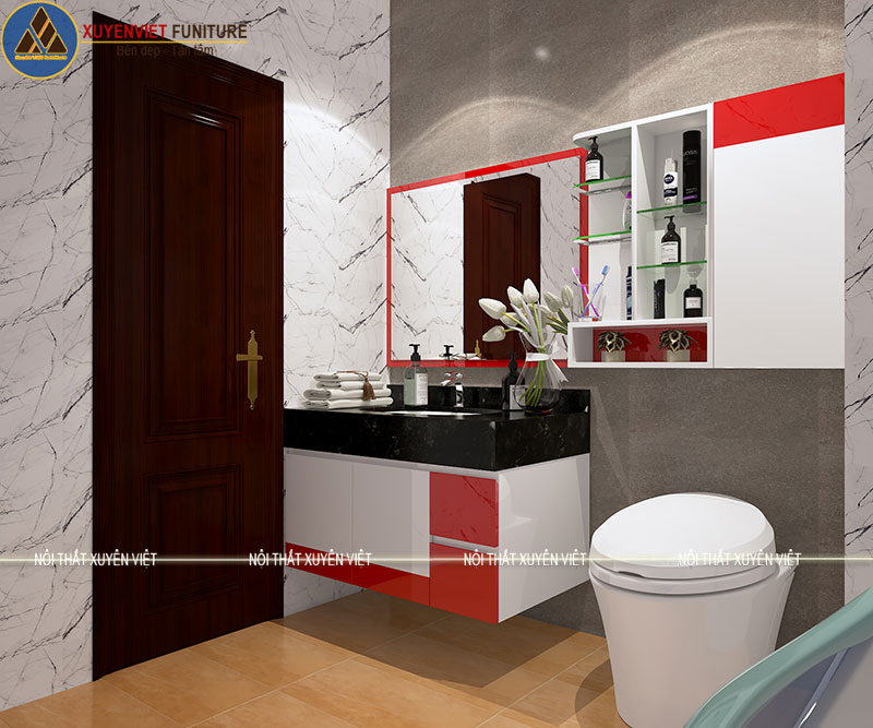 Hình ảnh bộ tủ lavabo tông đỏ LBK2008 nổi bật trong không gian phòng tắm
