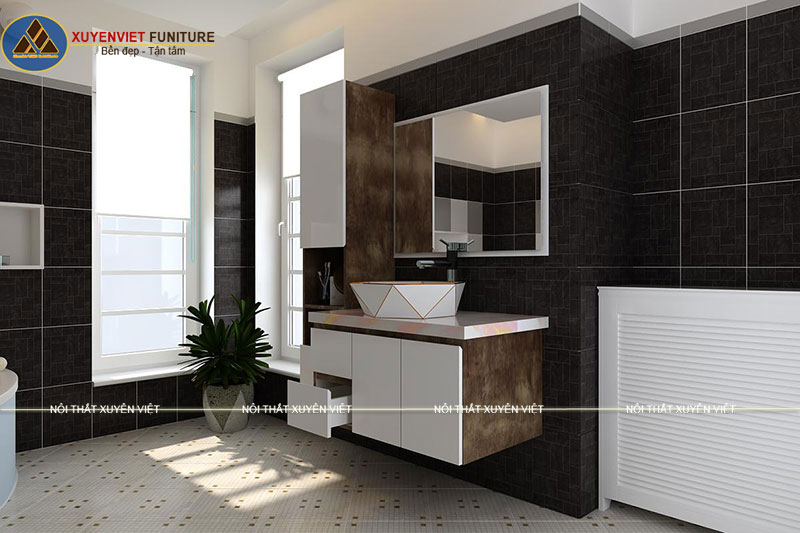 Hình ảnh mẫu tủ chậu lavabo giả gỗ hiện đại LBK3011 sang trọng trong phòng tắm